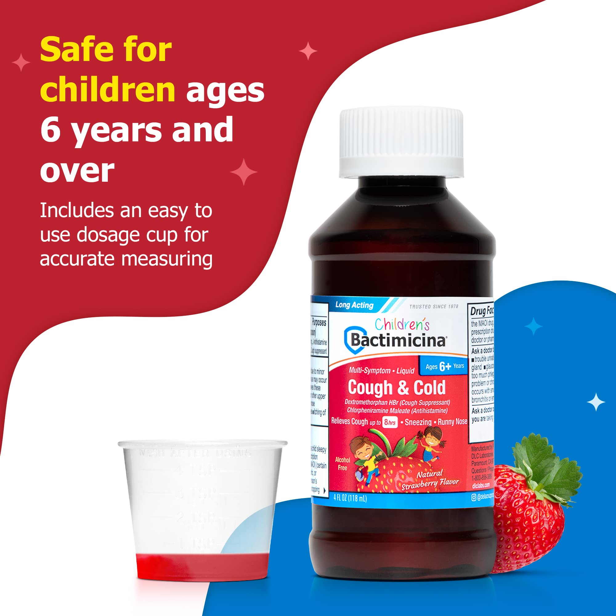 Bactimicina Children’s Cough and Cold Liquid - Kids Cough Medicine - Ages 6 and Up - Natural Strawberry Flavor - 4 Fl OZ - Image 8