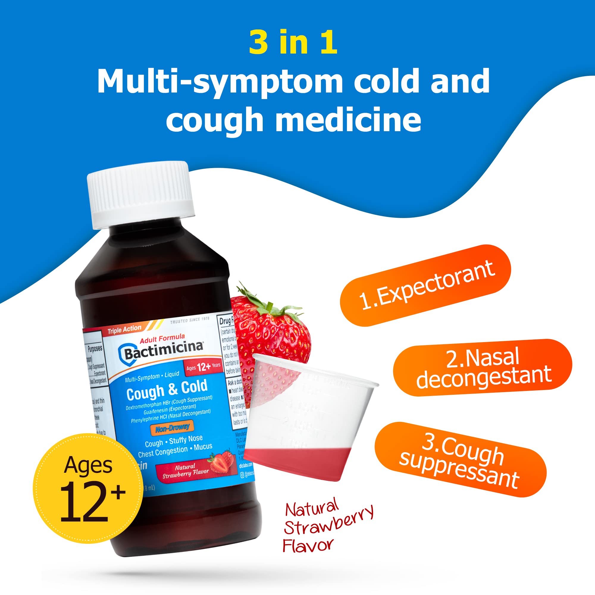 Bactimicina Cough & Cold Liquid - Expectorant and Decongestant - Ages 18 and Up - 4 Fl OZ - Image 5