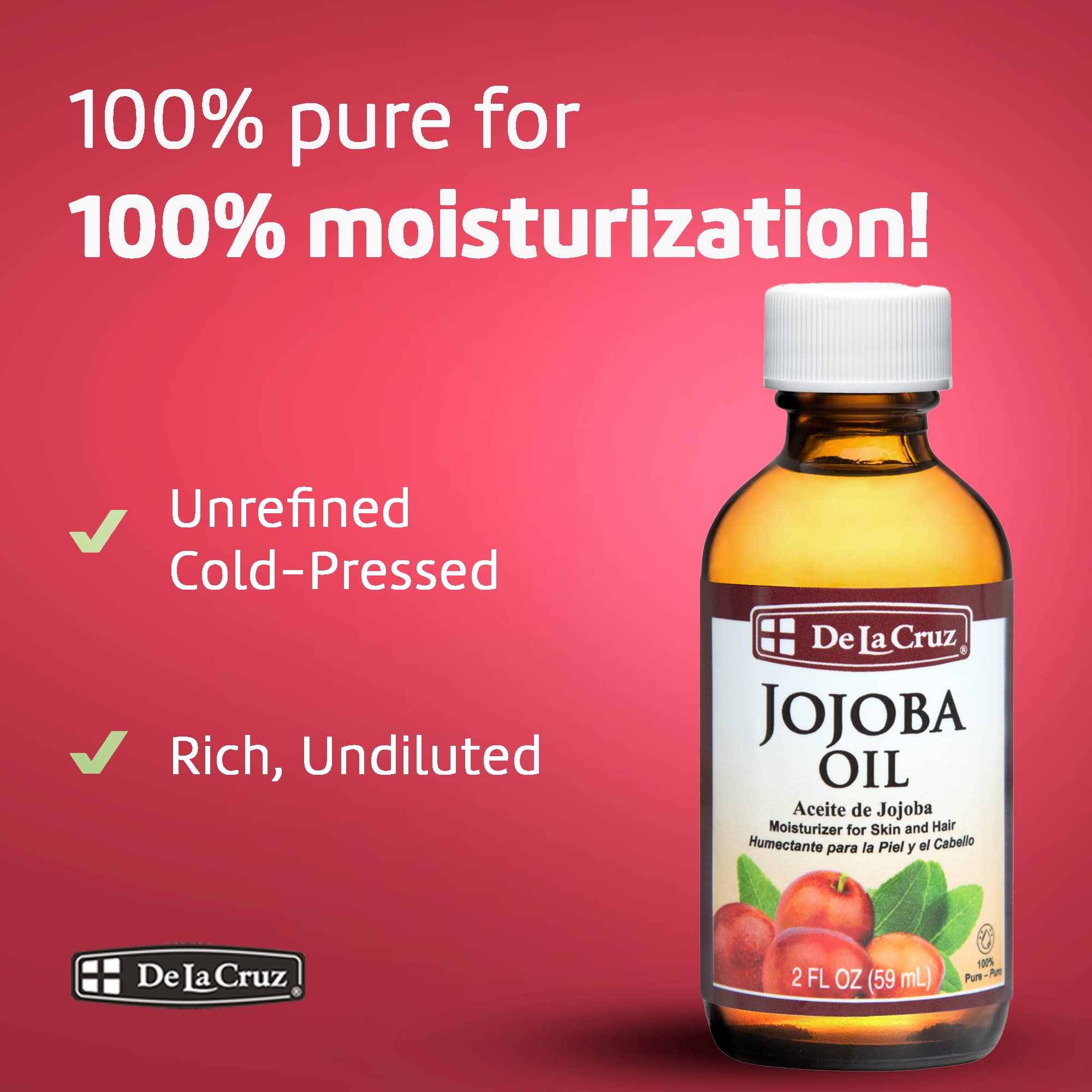 De La Cruz 100% Pure Cold-Pressed Golden Jojoba Oil - Organic Jojoba Oil for Hair and Skin - 2 FL OZ - 59 mL - Image 3