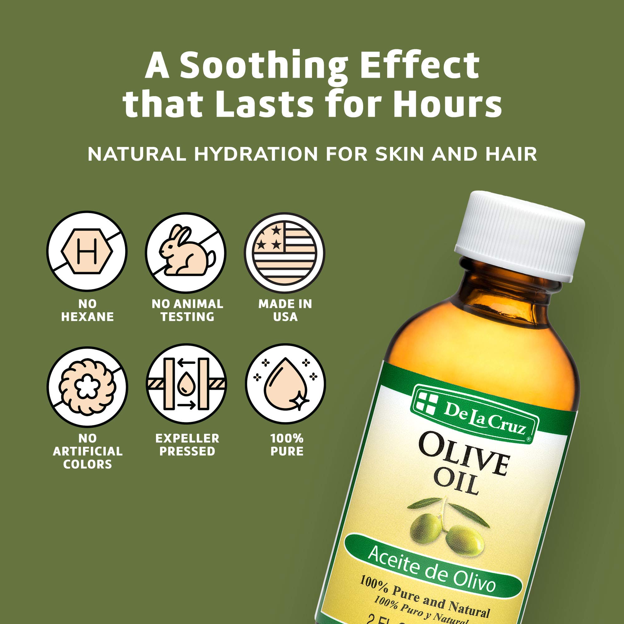 De La Cruz 100% Pure Olive Oil Expeller Pressed for Hair and Skin Lightweight Hair Oil and Moisturizer for Dry Skin and Beauty 2 Fl Oz (12 Bottles) - Image 6