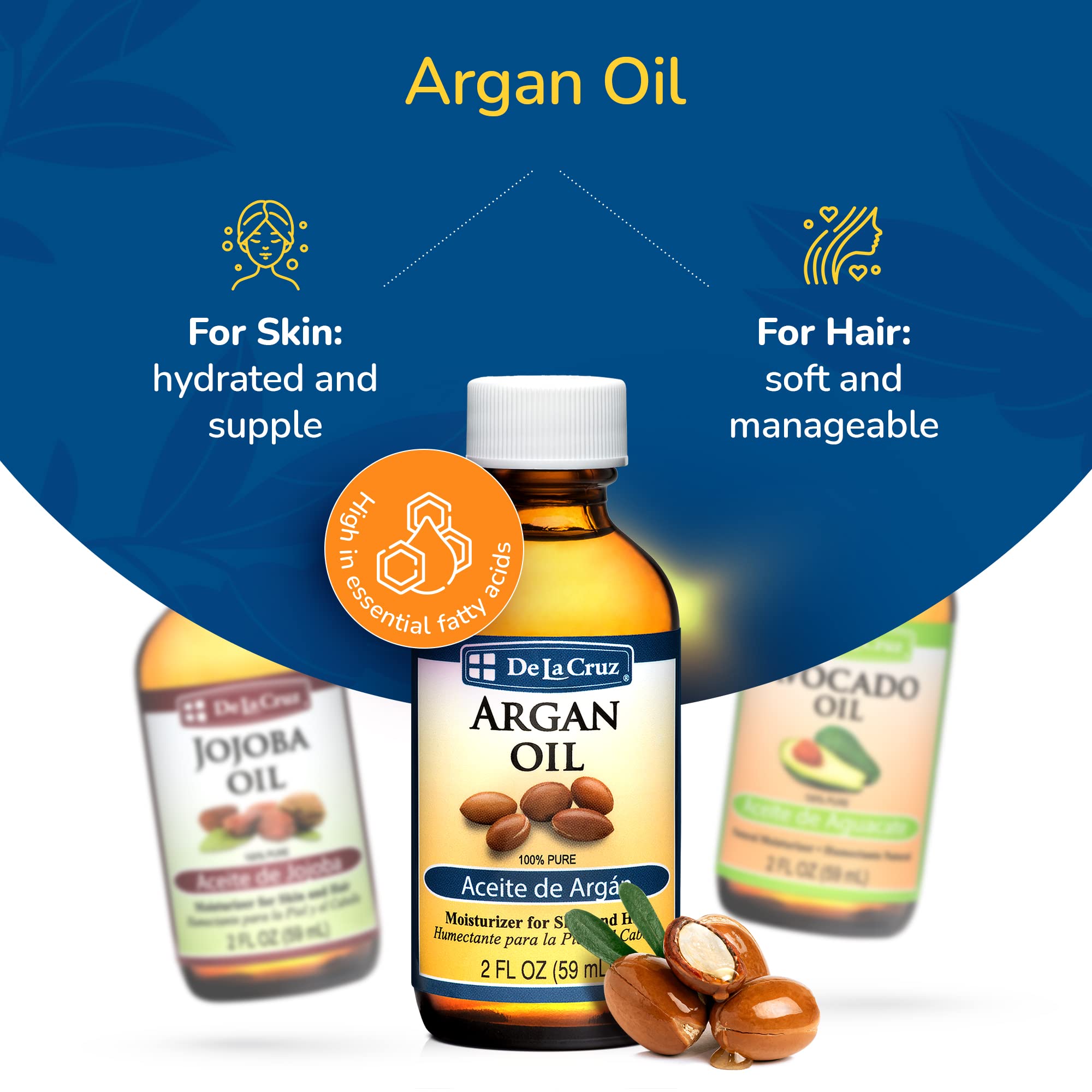 De La Cruz - Avocado Oil, Argan Oil and Jojoba Oil Bundle - 100% Pure and Natural Oils for Hair and Skin - 3 Bottles - 2 Fl OZ Each - Image 3