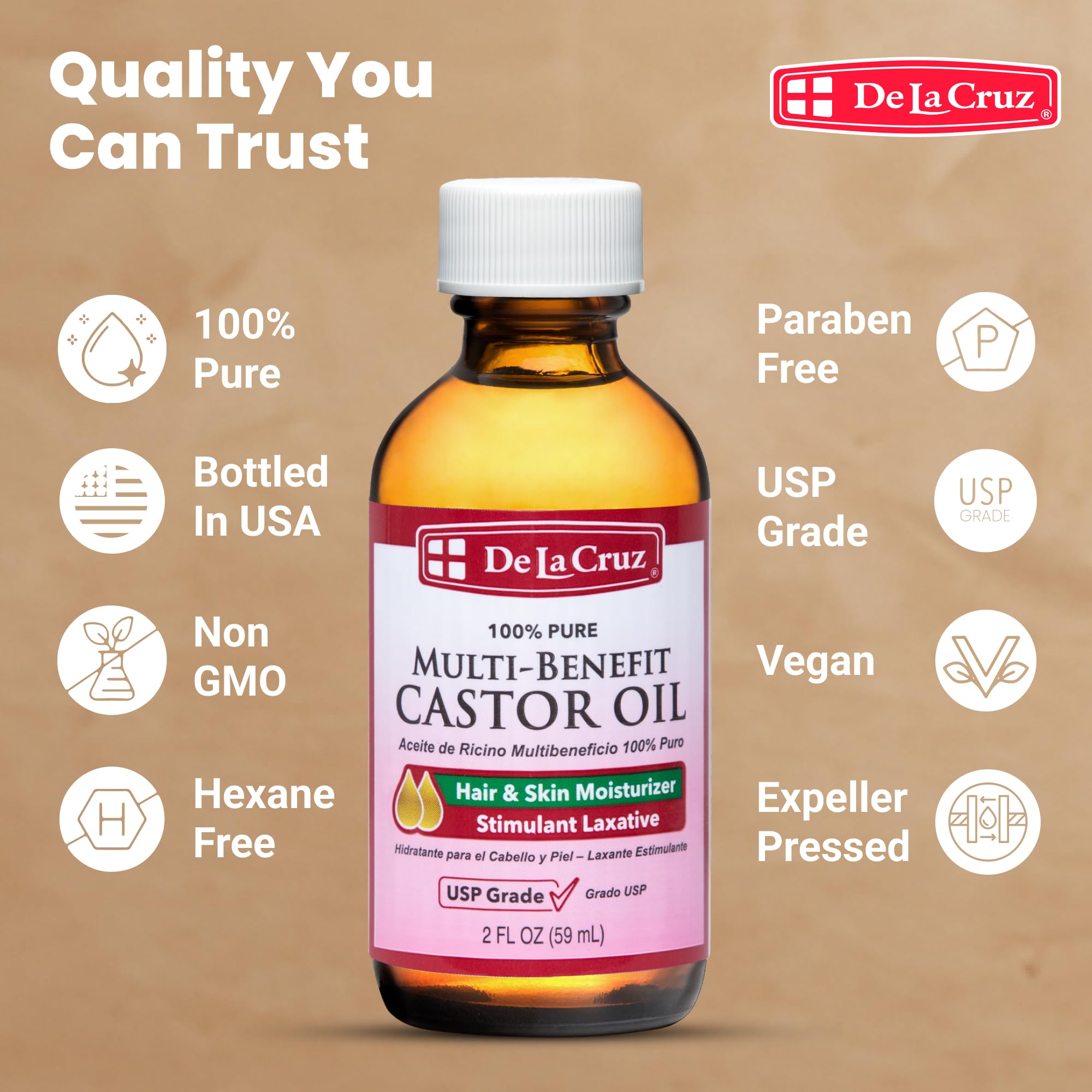 De La Cruz Castor Oil - 100% Pure Castor Oil for Hair, Skin, Eyelashes, and Eyebrows - USP Grade, 2 FL OZ (6 Glass Bottles) - Image 3