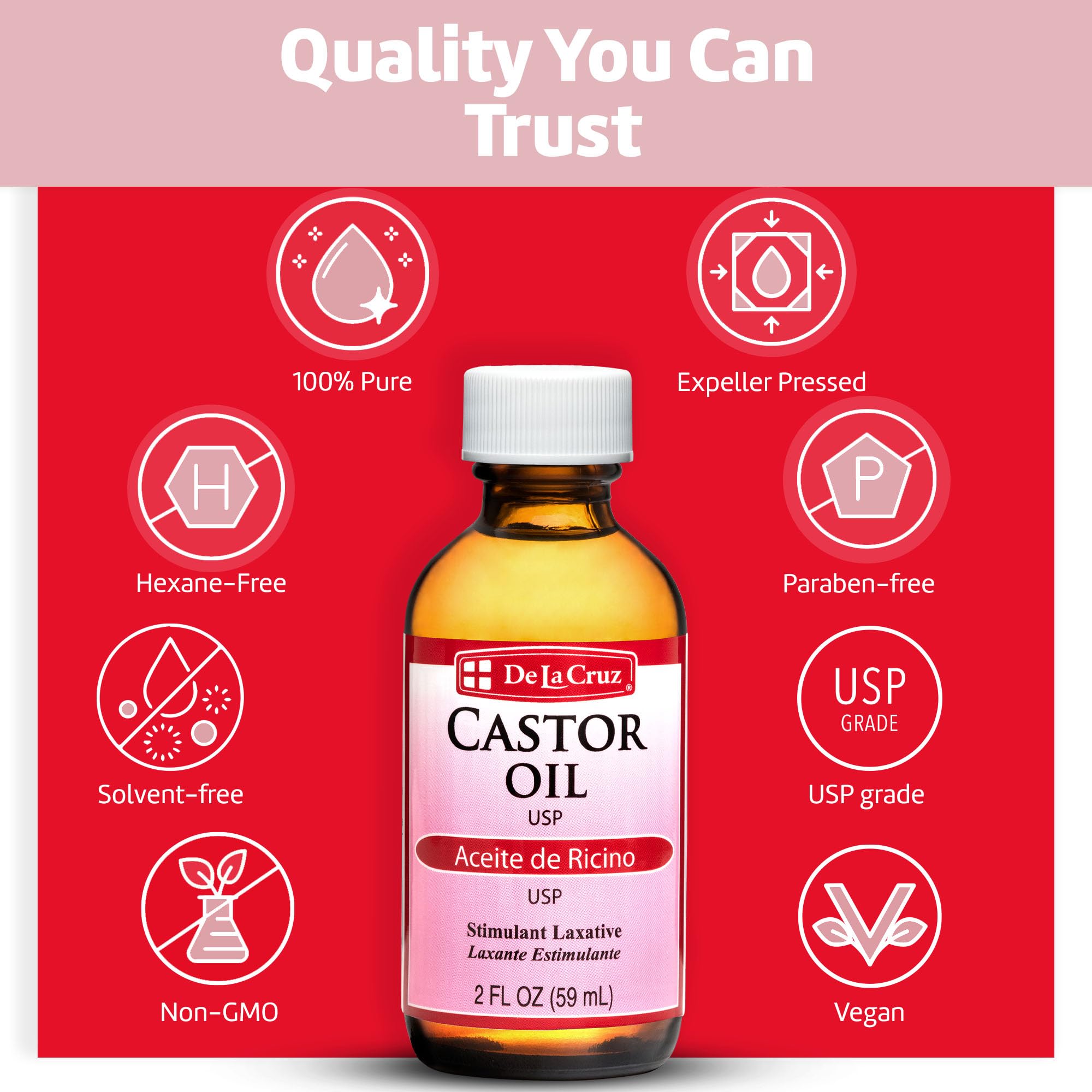 De La Cruz Castor Oil - 100% Pure Expeller Pressed Castor Oil for Nourishing Skin, Hair, Eyelashes, and Eyebrows - Natural Laxative USP Grade, 2 FL Oz (6 Bottles) - Image 7