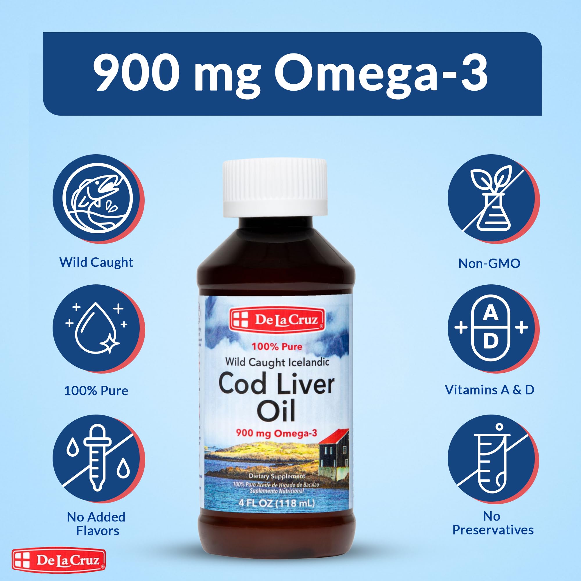 De La Cruz Cod Liver Oil Liquid Pure Wild Caught Icelandic Fish Oil Rich in Vitamin D & Omega 3 Fish Oil, Omega 3 Supplements 4 FL OZ (118 mL) - Image 4