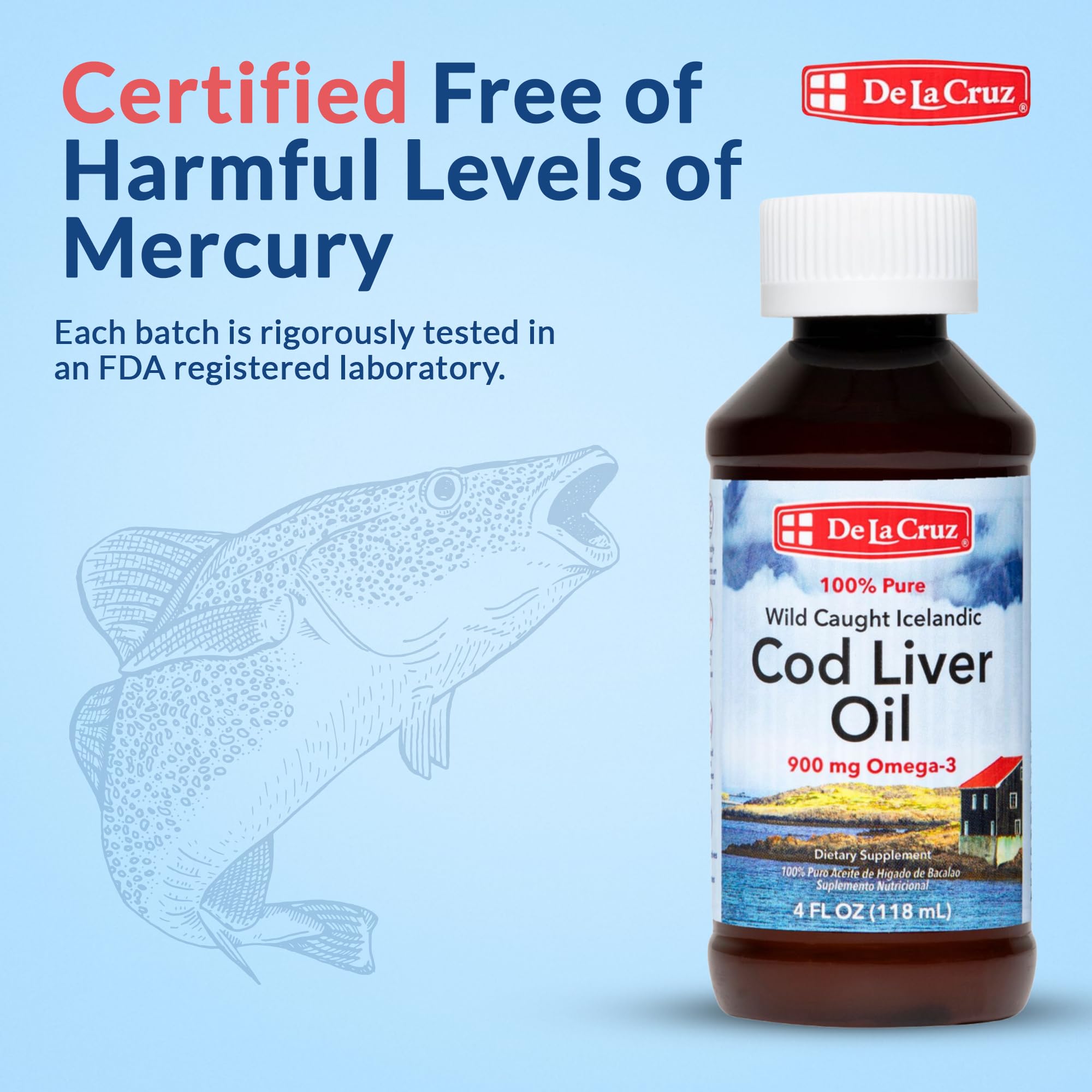 De La Cruz Cod Liver Oil Liquid Pure Wild Caught Icelandic Fish Oil Rich in Vitamin D & Omega 3 Fish Oil, Omega 3 Supplements 4 FL OZ (118 mL) - Image 6