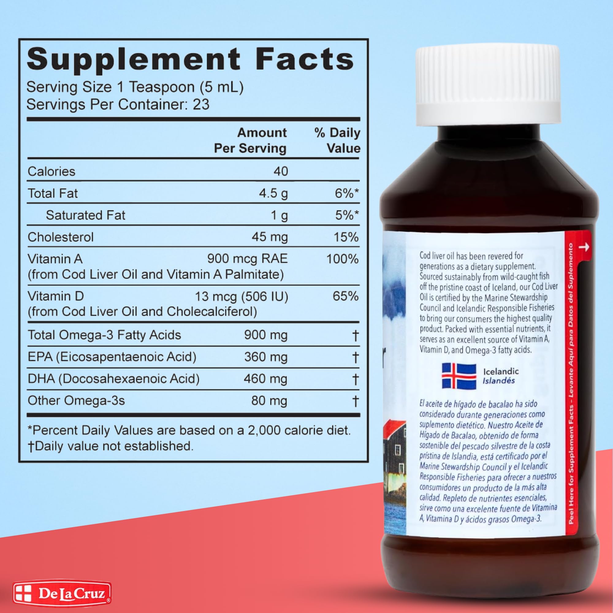 De La Cruz Cod Liver Oil Liquid Pure Wild Caught Icelandic Fish Oil Rich in Vitamin D & Omega 3 Fish Oil, Omega 3 Supplements 4 FL OZ (118 mL) - Image 7