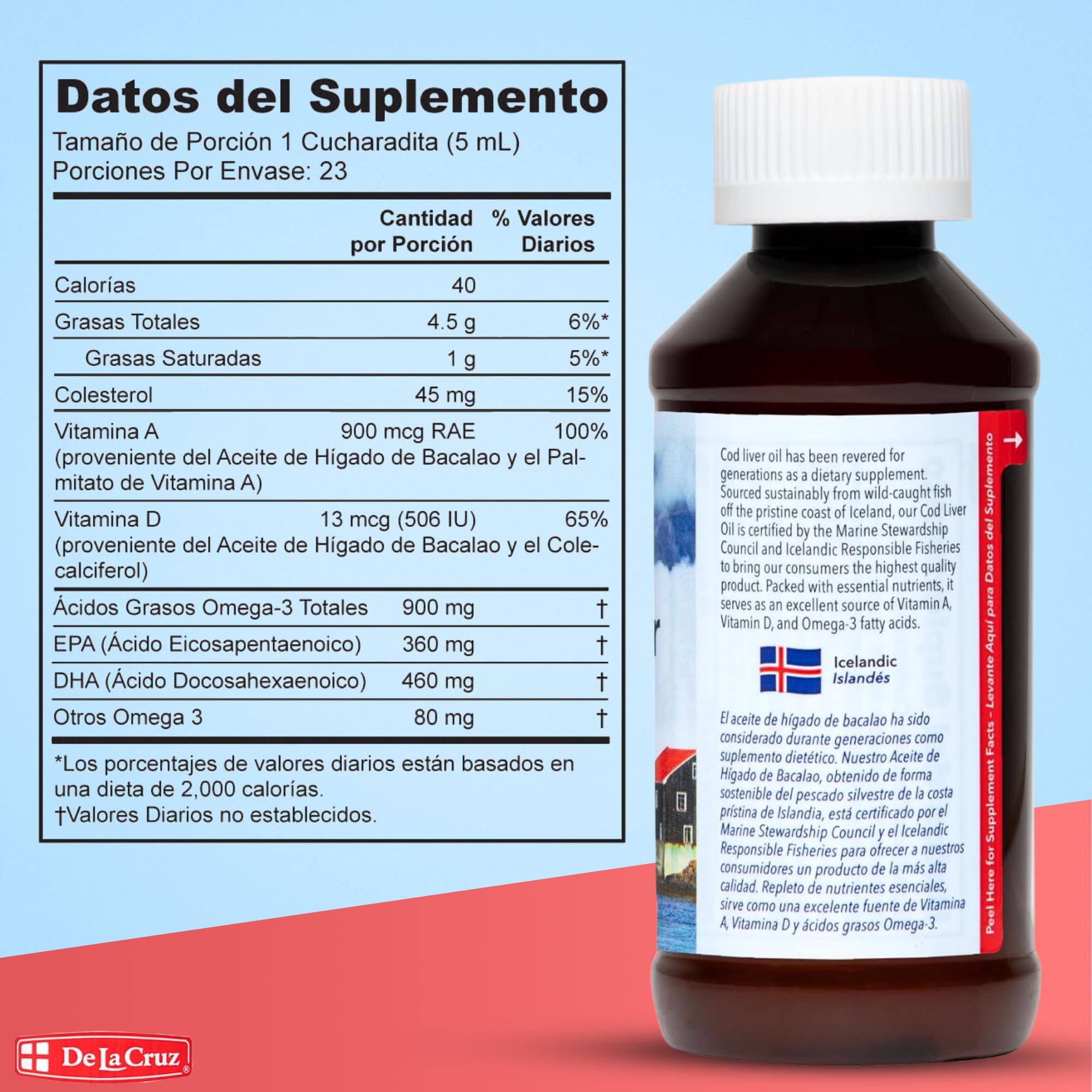 De La Cruz Cod Liver Oil Liquid Pure Wild Caught Icelandic Fish Oil Rich in Vitamin D & Omega 3 Fish Oil, Omega 3 Supplements 4 FL OZ (118 mL) - Image 8