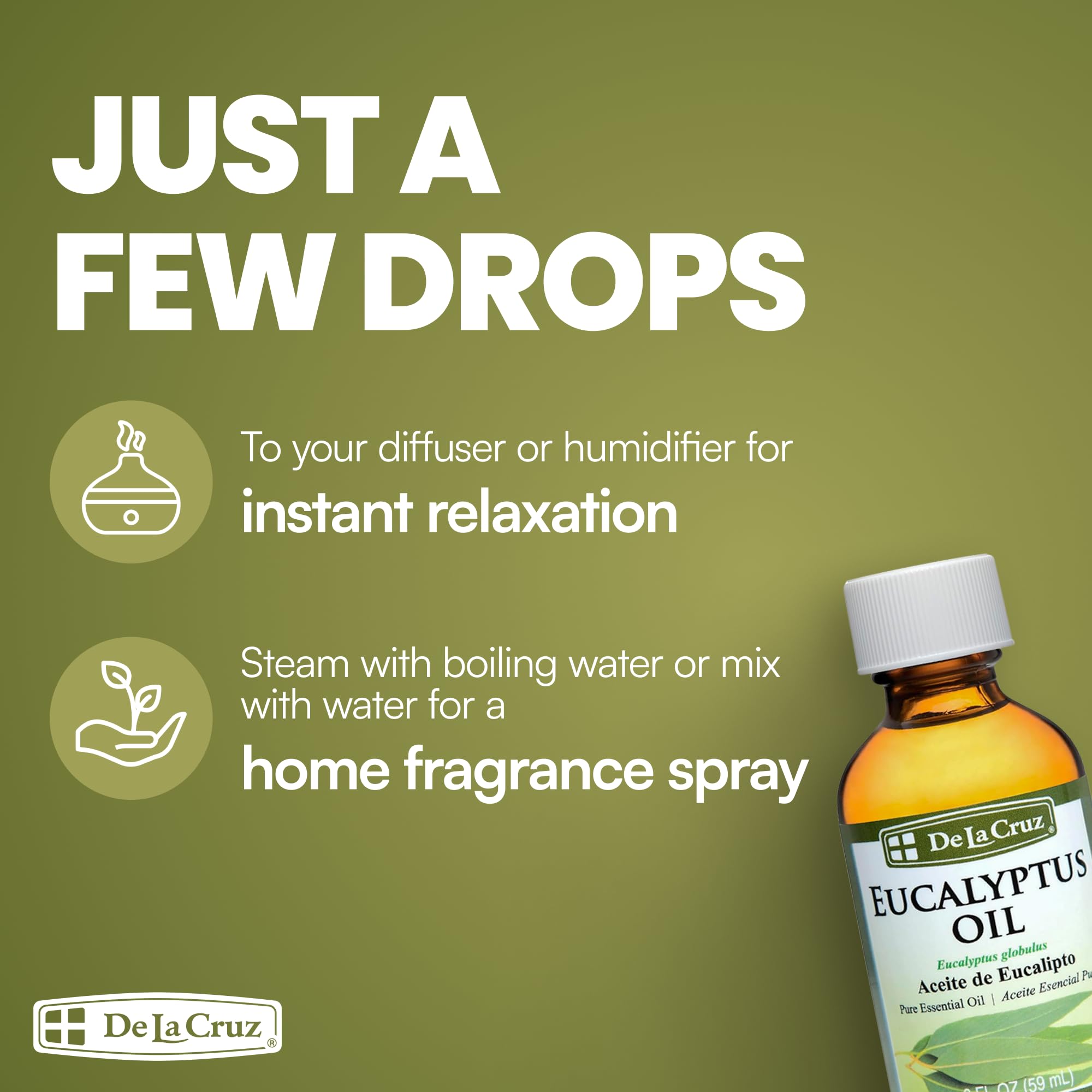 De La Cruz Eucalyptus Essential Oil Aromatherapy for Diffuser or Humidifier, 100% Pure Steam Distilled Eucalyptus Globulus 2 FL OZ (1 Bottle) - Image 3