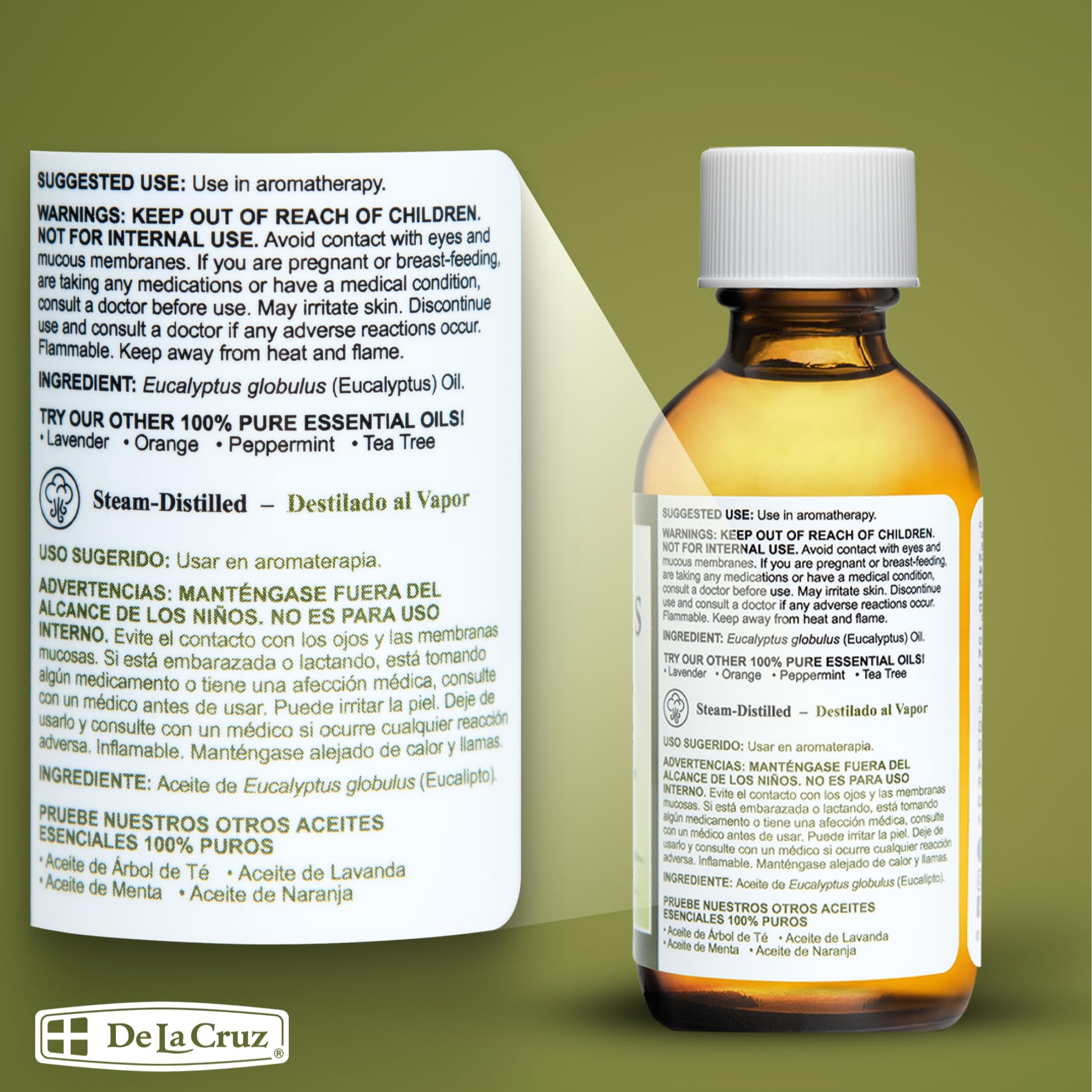 De La Cruz Eucalyptus Essential Oil Aromatherapy for Diffuser or Humidifier, 100% Pure Steam Distilled Eucalyptus Globulus 2 FL OZ (1 Bottle) - Image 7
