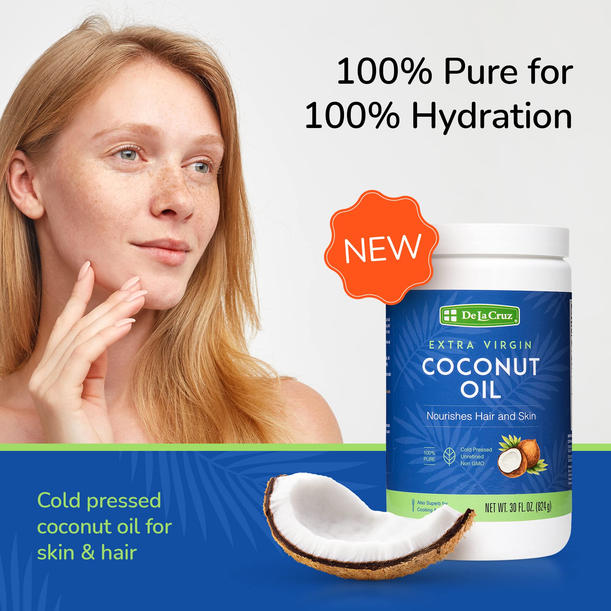 De La Cruz Extra Virgin Coconut Oil - 100% Pure for Skin and Hair - Cooking - Multipurpose, Unrefined and Cold Pressed - 30 Fl OZ - Image 3