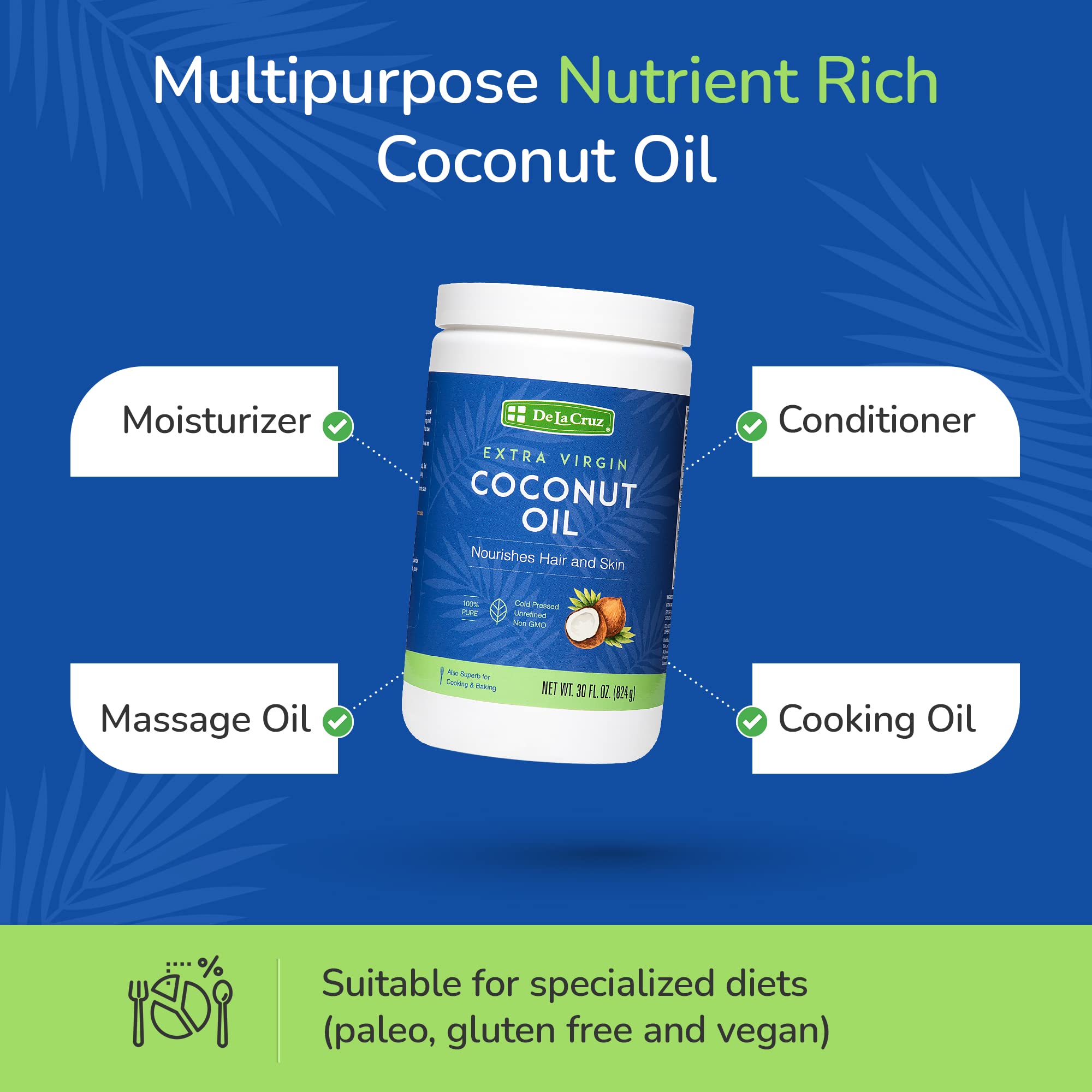 De La Cruz Extra Virgin Coconut Oil - 100% Pure for Skin and Hair - Cooking - Multipurpose, Unrefined and Cold Pressed - 30 Fl OZ - Image 5