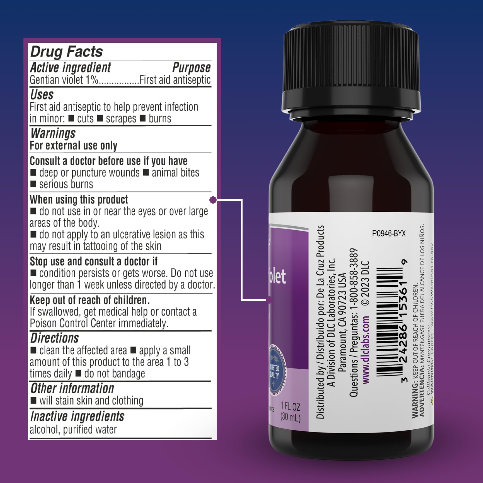 De La Cruz Gentian Violet - Violeta de Genciana - Tincture of Violet 1% First Aid Antiseptic, 1 FL OZ (2 Bottles) - Image 8