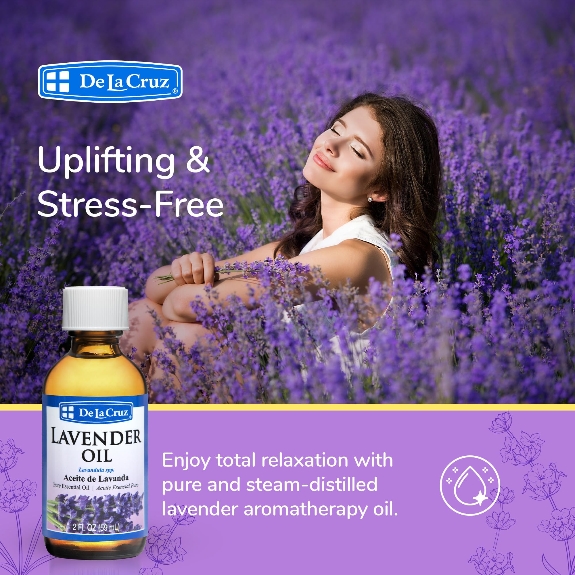 De La Cruz Lavender Essential Oil Steam-Distilled - 100% Pure Lavender Oil for Aromatherapy 2 Fl Oz (Pack of 1) - Image 3