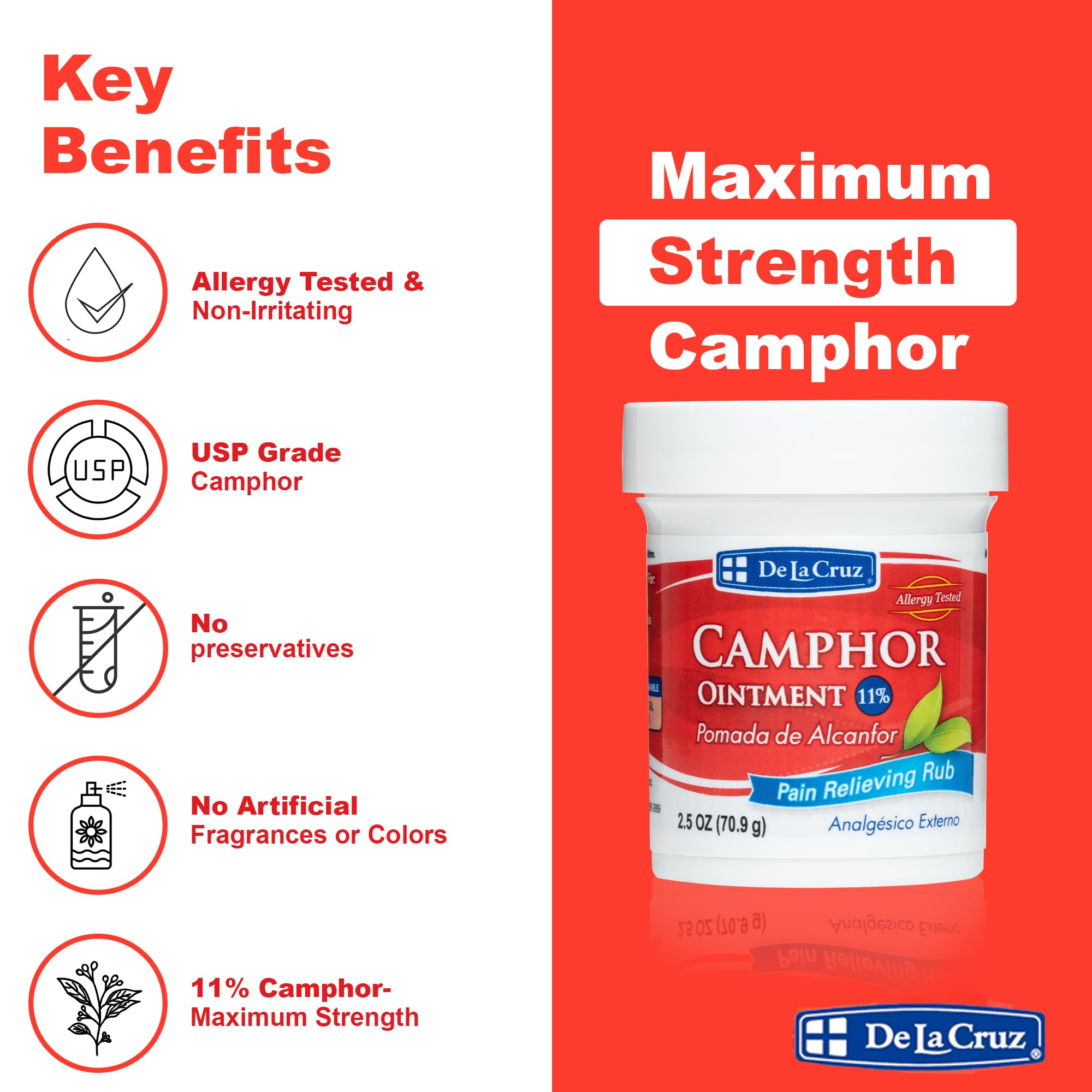 De La Cruz Maximum Strength Muscle & Joint Camphor Ointment 11% - Back Pain Relief Products, Arthritis Pain Reliever, Pain Relief Cream for Aches, Sprains & Bruises - 2.5 oz (70.9 g) - Image 3