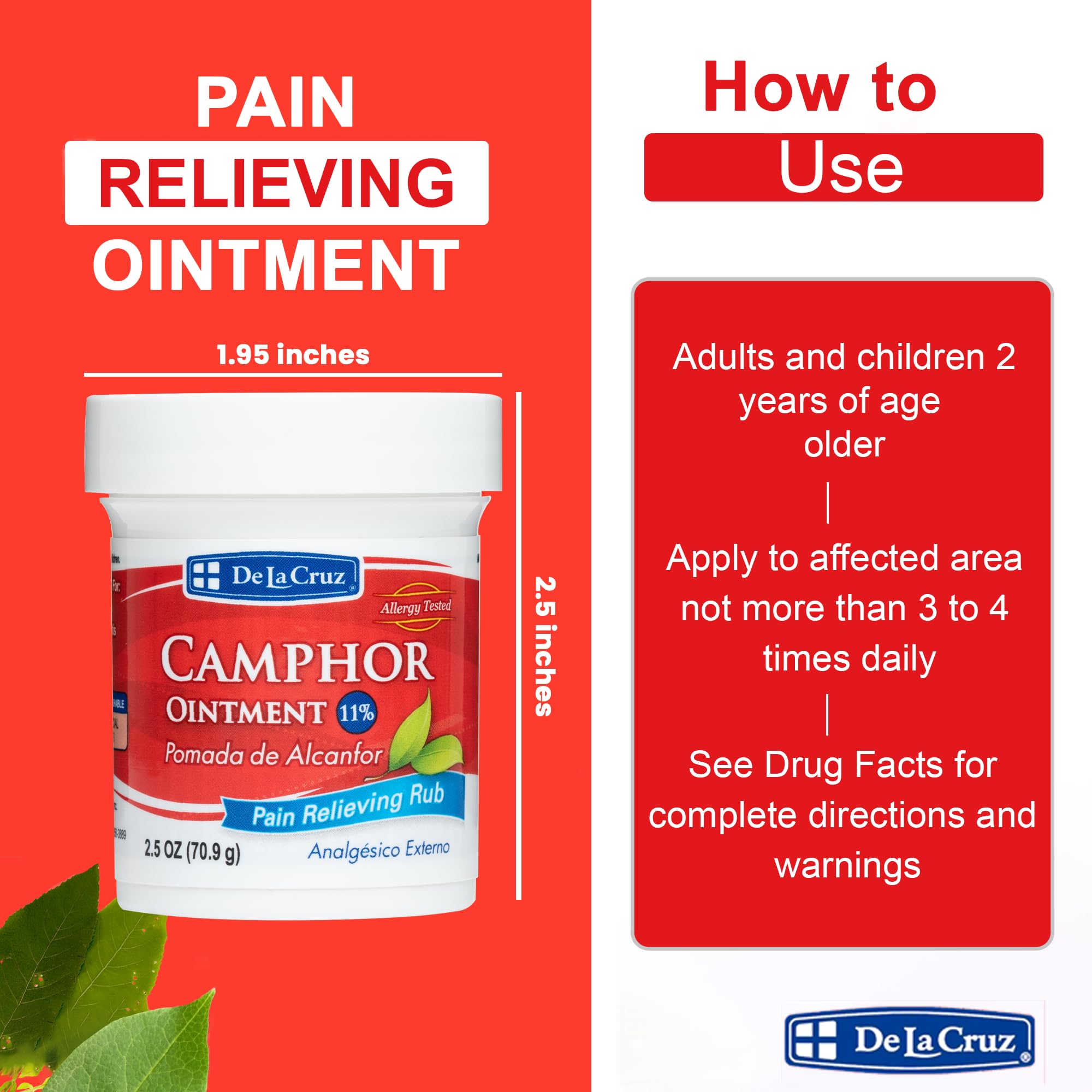 De La Cruz Maximum Strength Muscle & Joint Camphor Ointment 11% - Back Pain Relief Products, Arthritis Pain Reliever, Pain Relief Cream for Aches, Sprains & Bruises - 2.5 oz (70.9 g) - Image 4