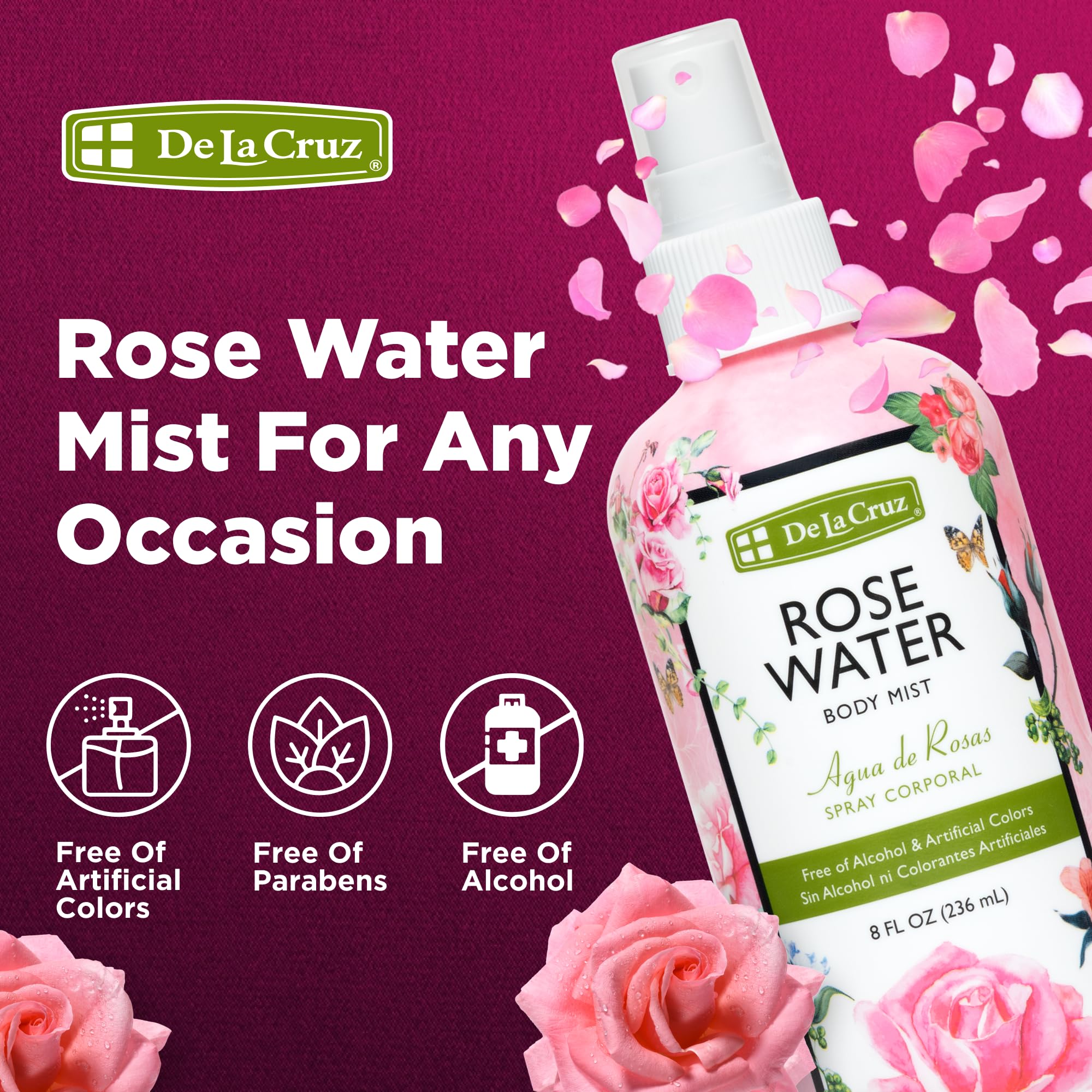 De La Cruz Pure Rose Water Body Mist,Rosewater Spray for Face, Skin & Hair,Toner & Rose Water for Hair Alcohol Free, Paraben Free 8 fl oz (1 Bottles) - Image 3