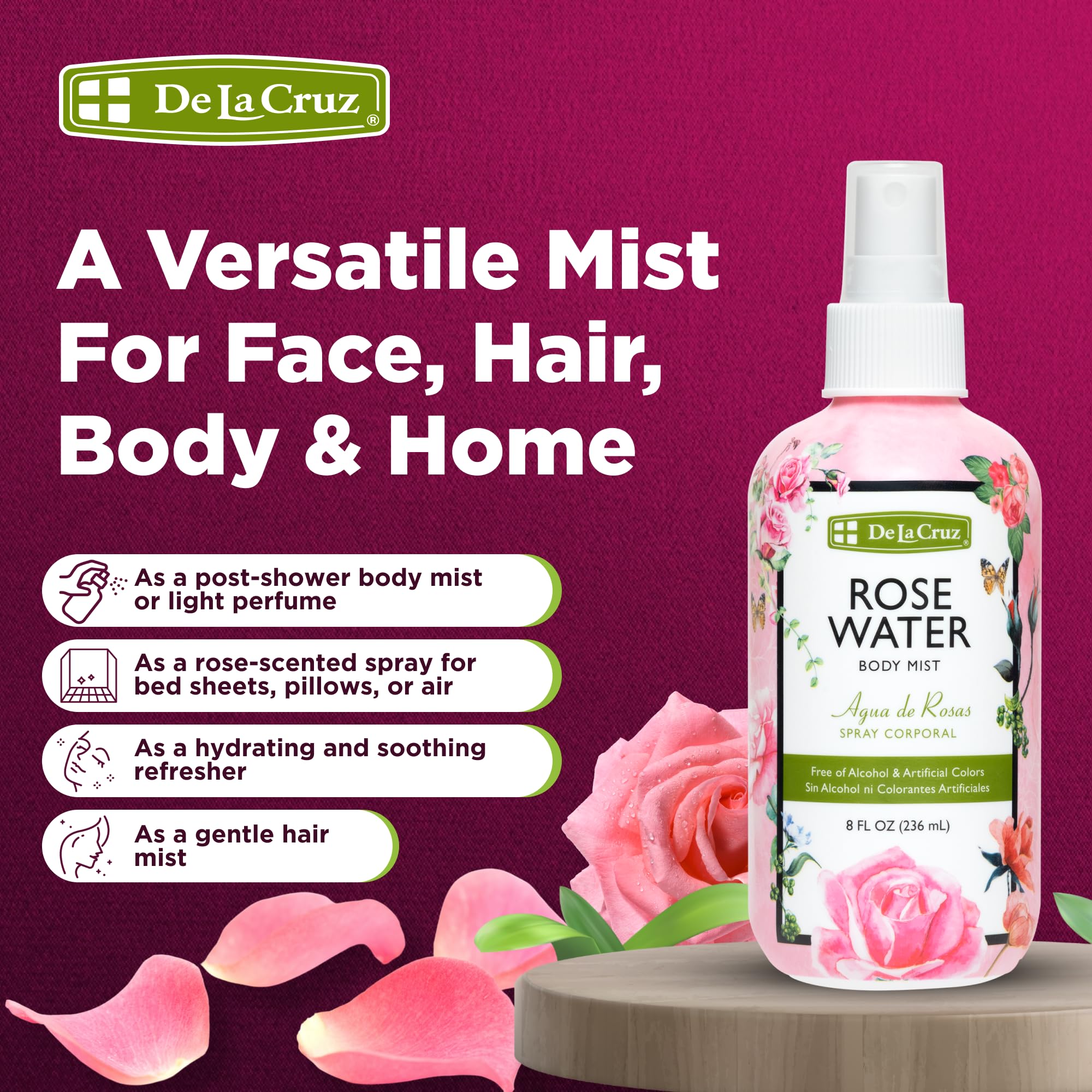 De La Cruz Pure Rose Water Body Mist,Rosewater Spray for Face, Skin & Hair,Toner & Rose Water for Hair Alcohol Free, Paraben Free 8 fl oz (1 Bottles) - Image 4