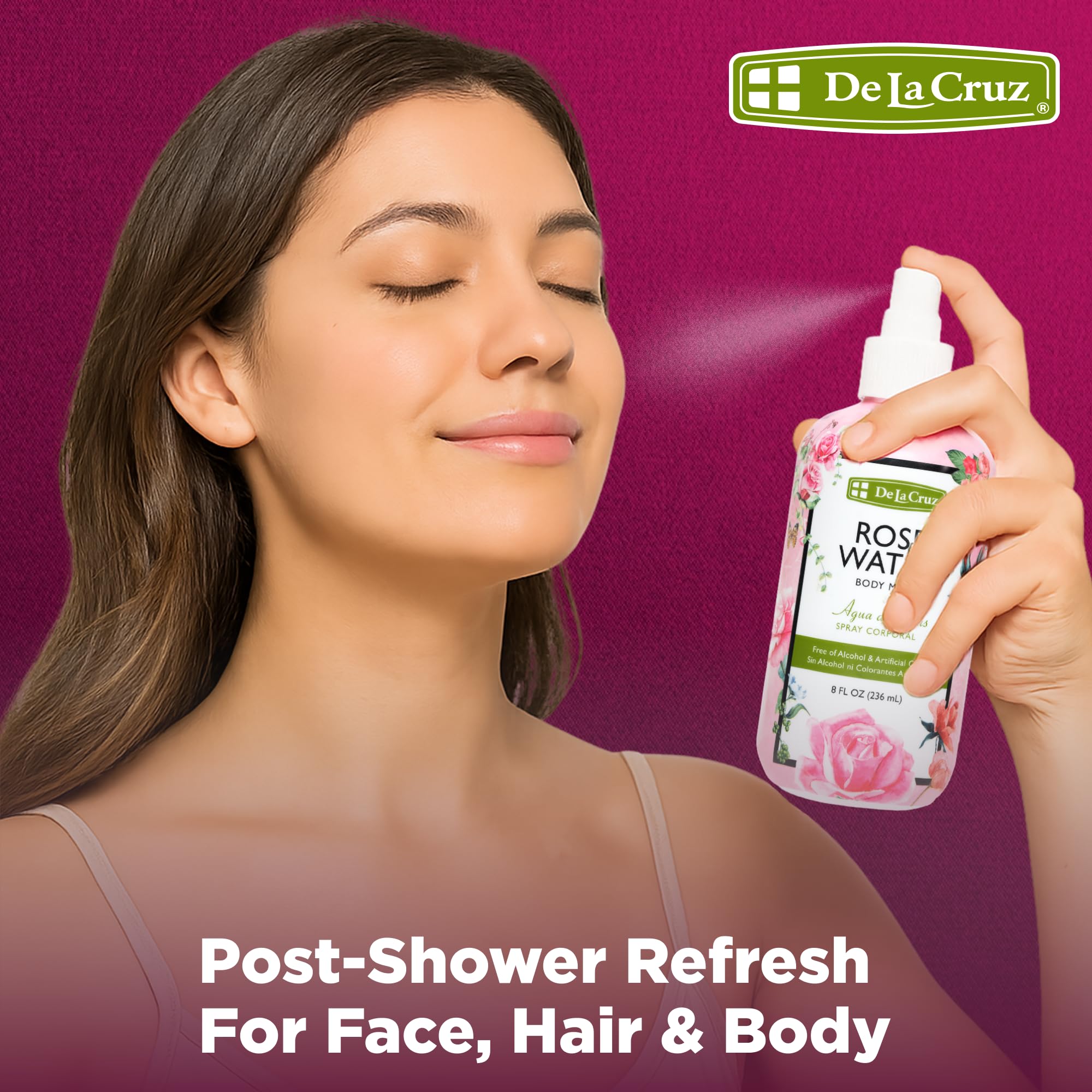 De La Cruz Pure Rose Water Body Mist,Rosewater Spray for Face, Skin & Hair,Toner & Rose Water for Hair Alcohol Free, Paraben Free 8 fl oz (1 Bottles) - Image 6