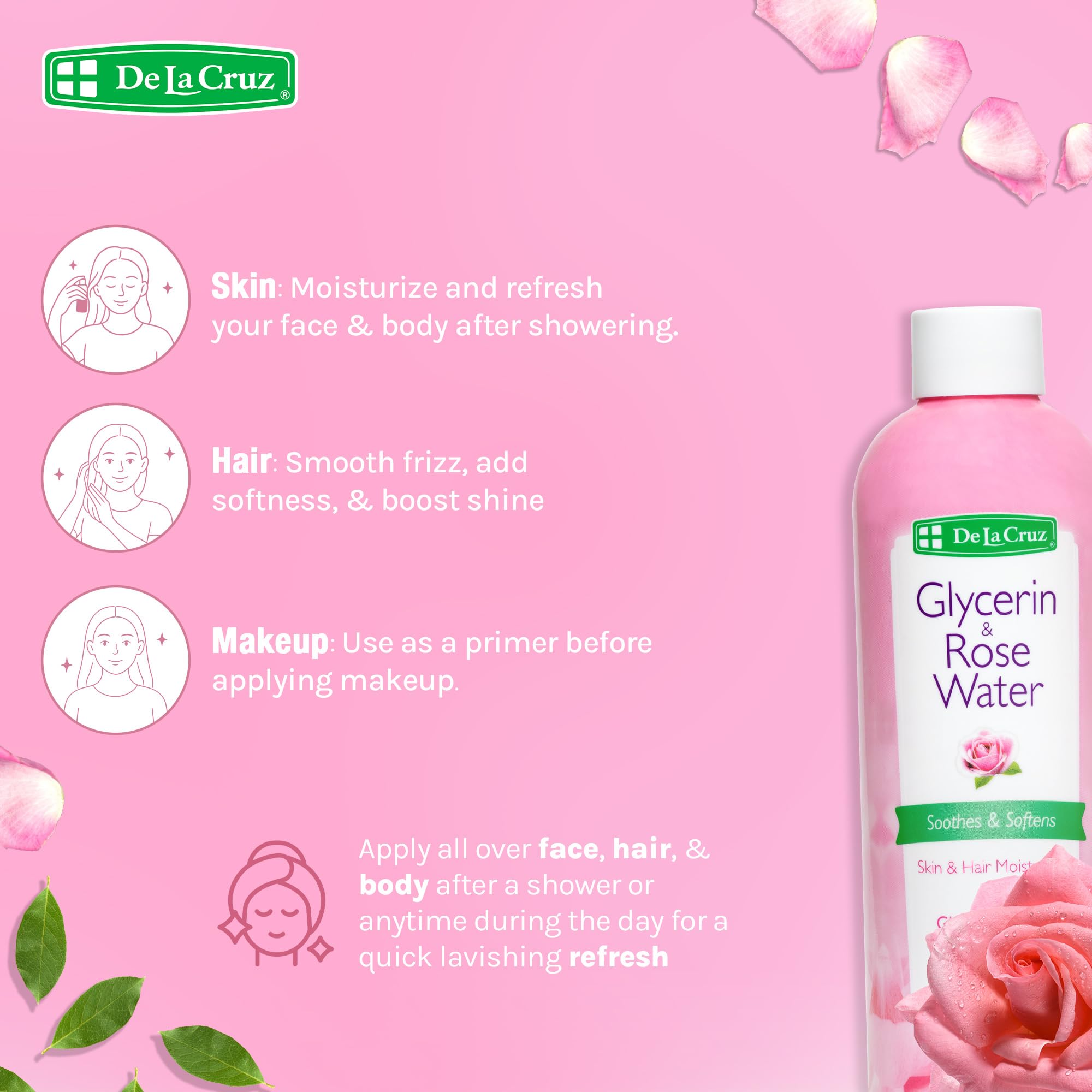 De La Cruz Rose Water and Glycerin for Face - Rosewater Facial Toner and Moisturizer for Skin and Hair 8 fl oz. (236 mL) - 1 Bottle - Image 6