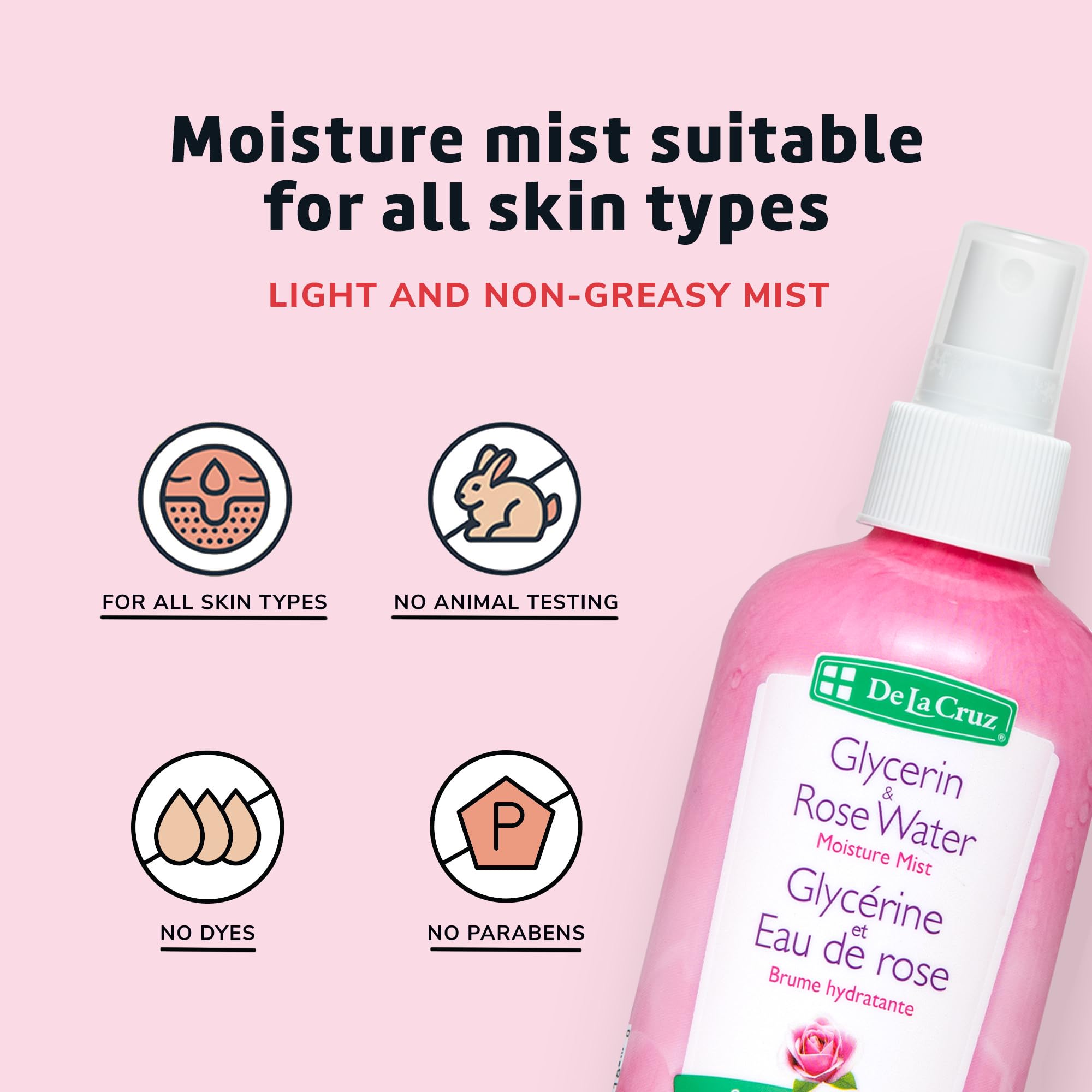 De La Cruz Rose Water and Glycerin Spray for Face - Rosewater Facial Toner and Moisturizer Mist for Skin and Hair 8 fl oz (236 mL) - Image 3