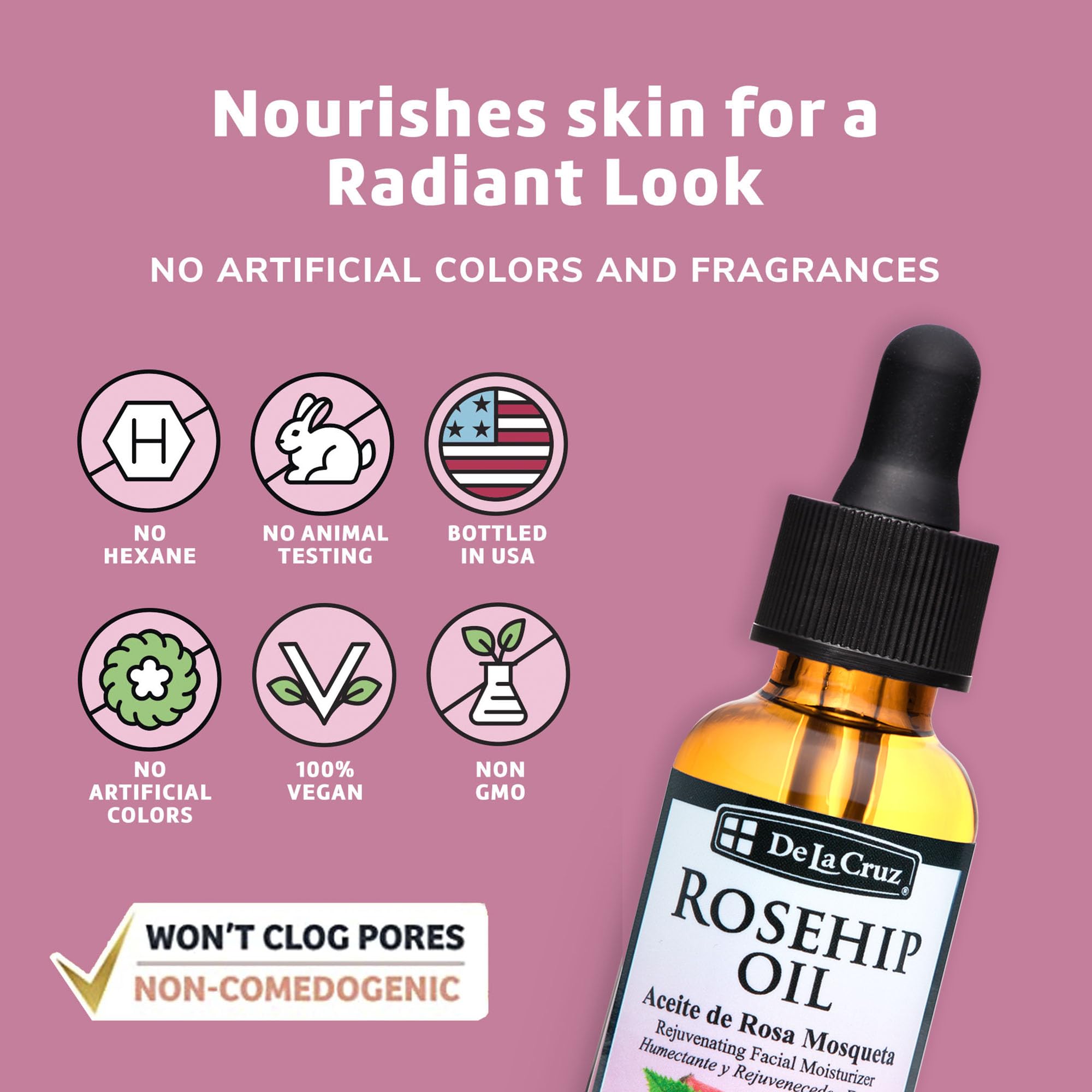 De La Cruz Rosehip Oil, 100% Pure Unrefined Cold-Pressed Chilean Rosehip Seed Oil, Moisturizer To Reduce Fine Lines, Wrinkles 1Fl Oz - Image 6