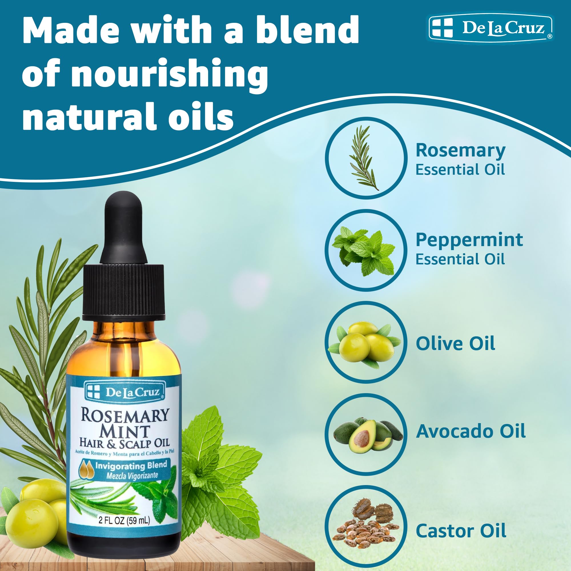 De La Cruz Rosemary Mint Oil Blend for Hair & Scalp - Revitalizing Blend with Castor, Avocado and Olive Oil - Naturally Moisturizing Rosemary Hair Oil - 2 FL OZ - Image 3