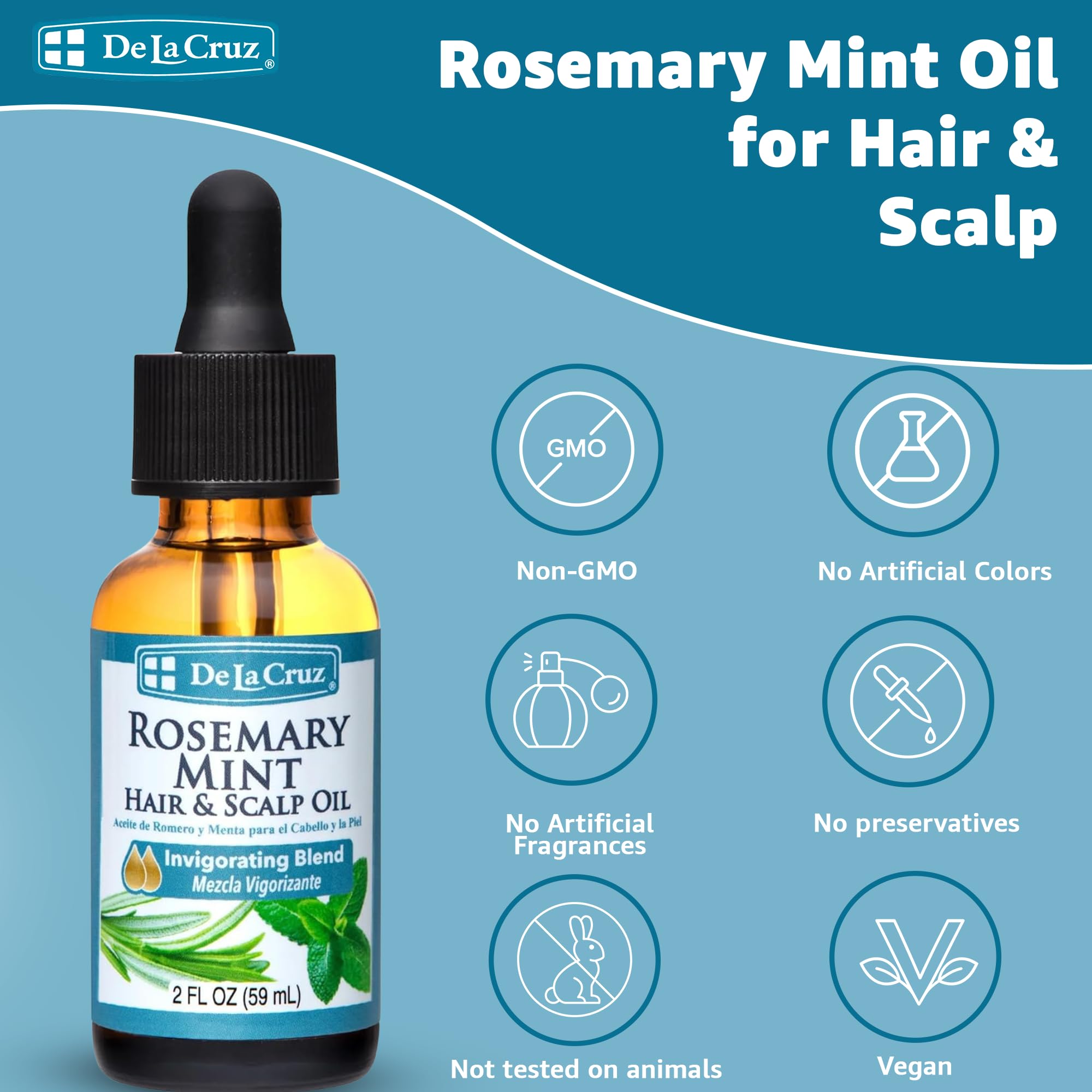 De La Cruz Rosemary Mint Oil Blend for Hair & Scalp - Revitalizing Blend with Castor, Avocado and Olive Oil - Naturally Moisturizing Rosemary Hair Oil - 2 FL OZ - Image 4