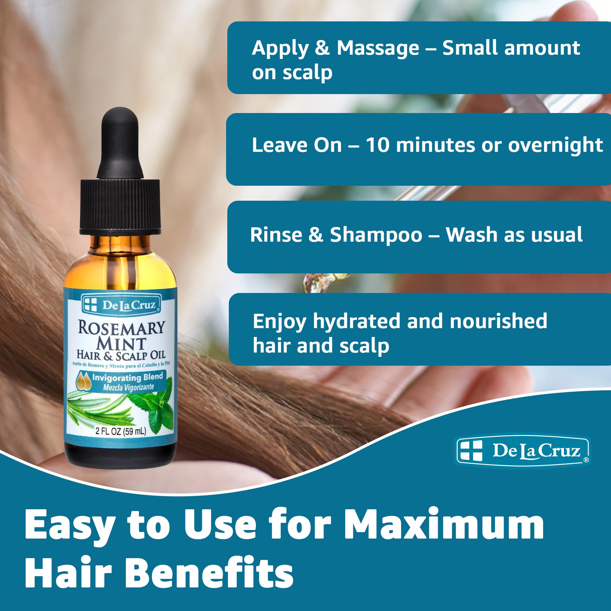 De La Cruz Rosemary Mint Oil Blend for Hair & Scalp - Revitalizing Blend with Castor, Avocado and Olive Oil - Naturally Moisturizing Rosemary Hair Oil - 2 FL OZ - Image 5