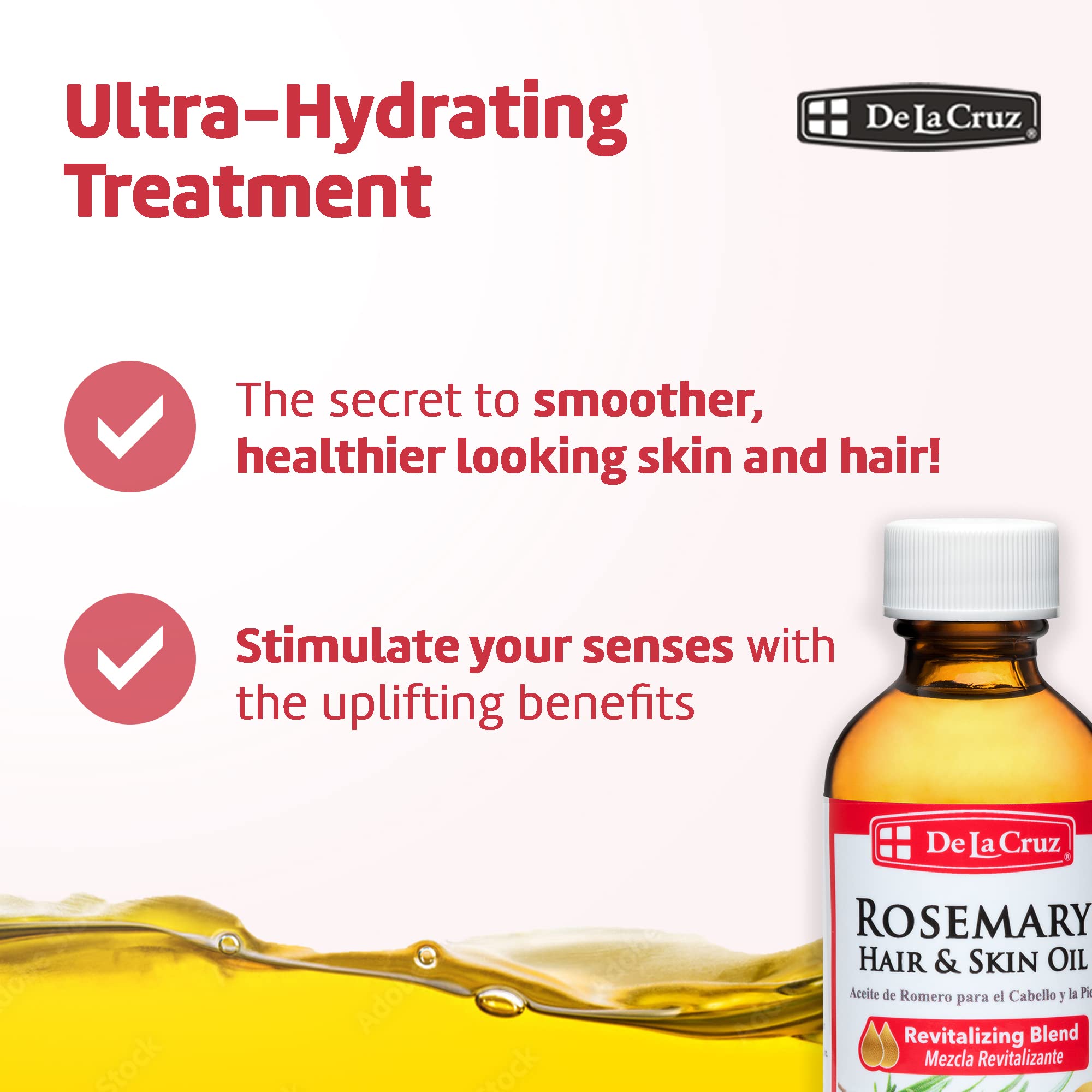 De La Cruz Rosemary Oil Blend Moisturizer with Castor, Avocado and Olive Oil, Glass Bottle, for Hair and Skin, 2 FL. OZ. - Image 3