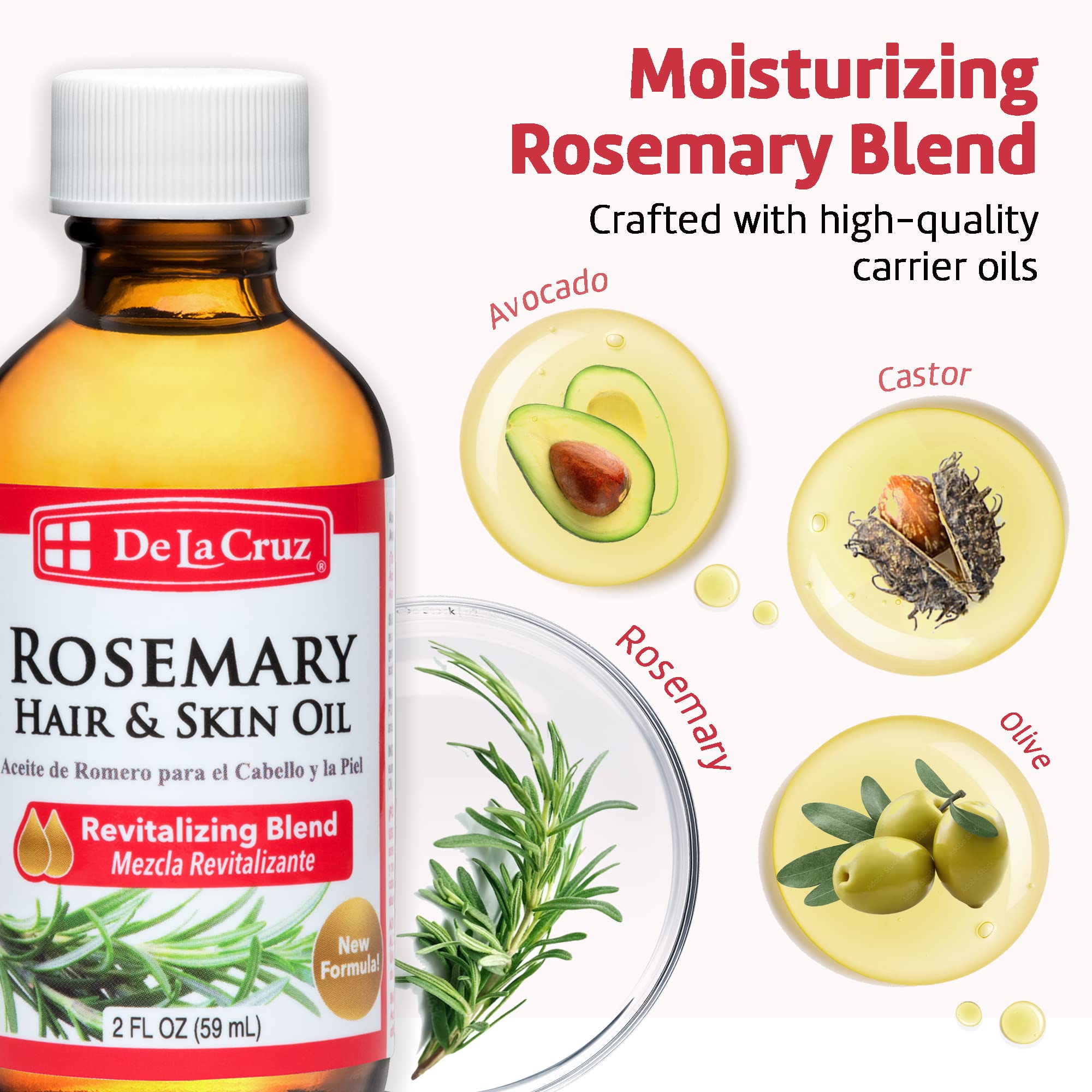 De La Cruz Rosemary Oil Blend Moisturizer with Castor, Avocado and Olive Oil, Glass Bottle, for Hair and Skin, 2 FL. OZ. - Image 4