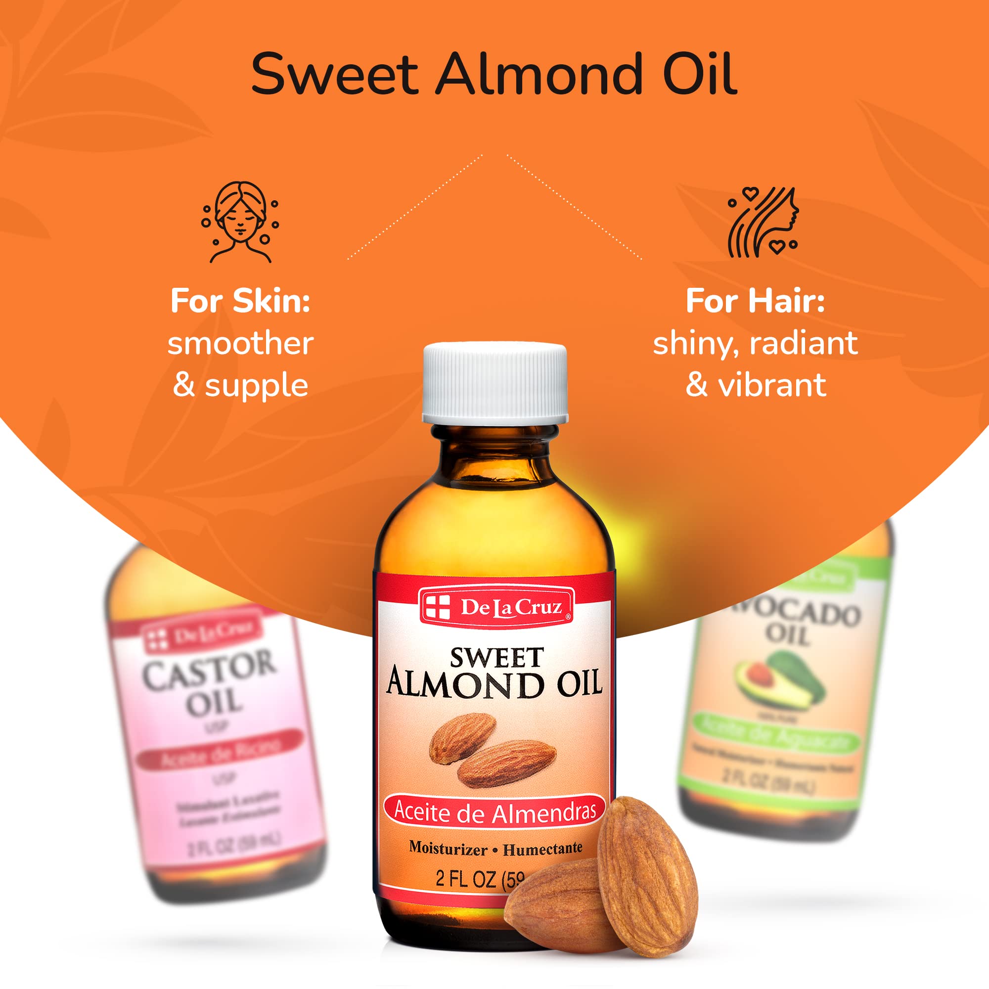 De La Cruz Sweet Almond, Castor and Avocado Oils Bundle - Expeller-Pressed Pure and Natural Oils for Hair and Skin - 3 Bottles - 2 Fl OZ Each - Image 4