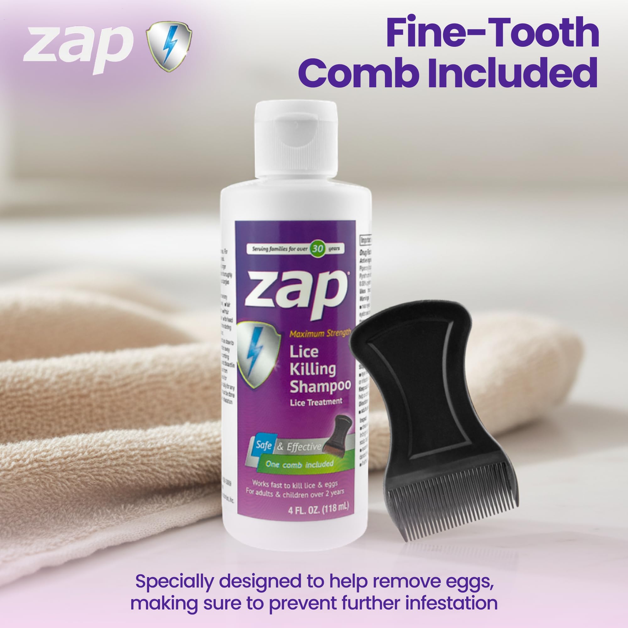 Zap Lice Shampoo Extra Strength Lice Shampoo That Kills Eggs and Lice Fast Acting Lice Treatment with Hair Comb 4 FL OZ Lice Treatment for Kids & Adults, Made in USA - Image 3