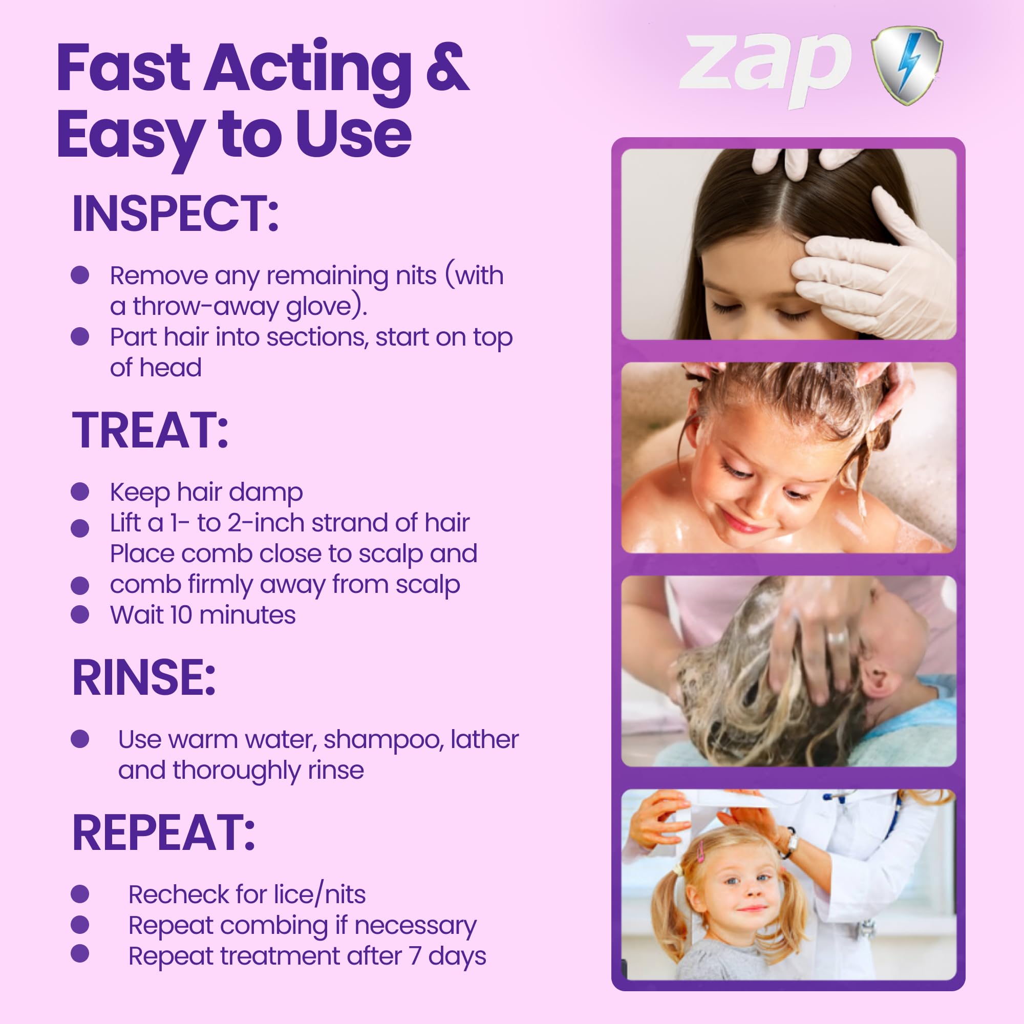 Zap Lice Shampoo Extra Strength Lice Shampoo That Kills Eggs and Lice Fast Acting Lice Treatment with Hair Comb 4 FL OZ Lice Treatment for Kids & Adults, Made in USA - Image 4