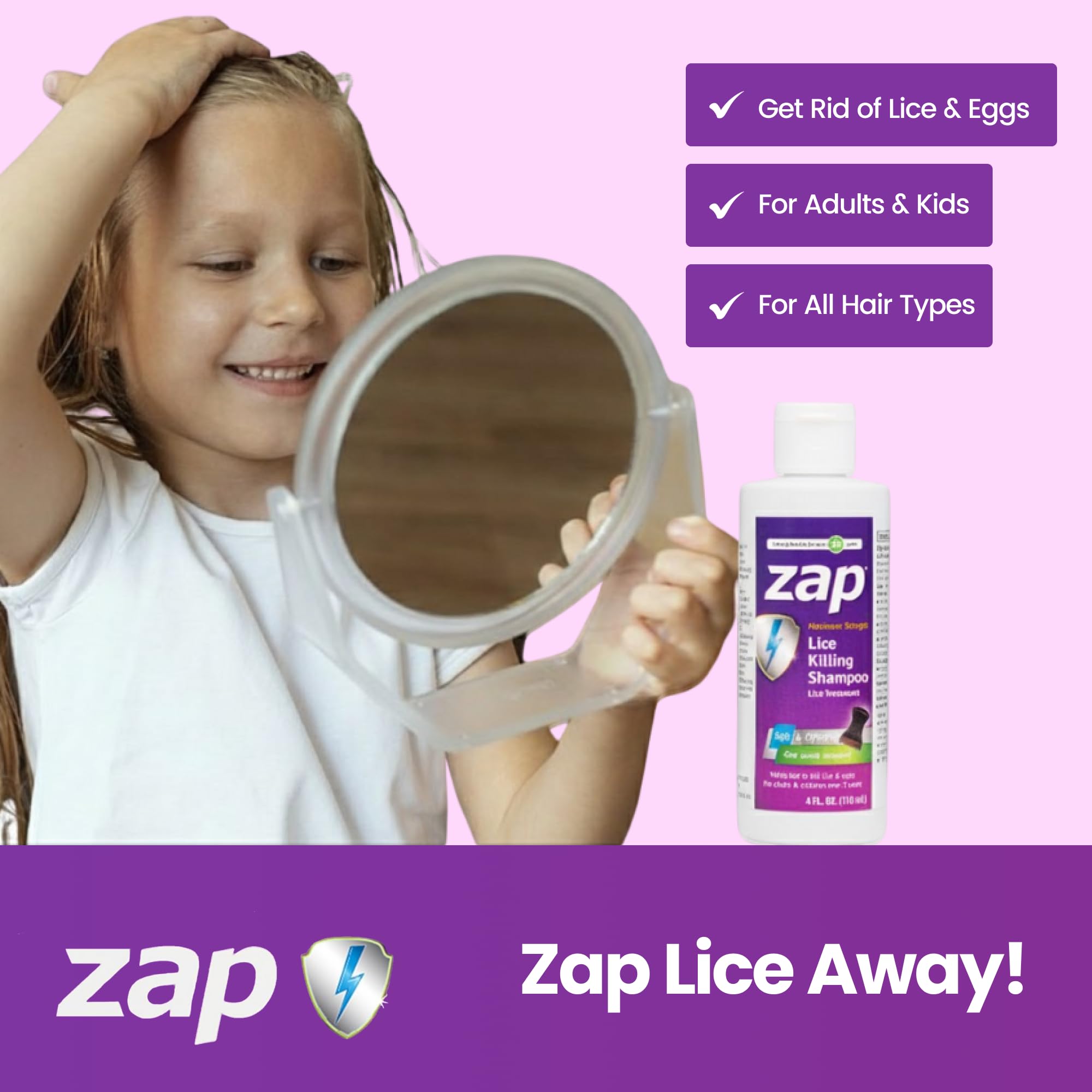 Zap Lice Shampoo Extra Strength Lice Shampoo That Kills Eggs and Lice Fast Acting Lice Treatment with Hair Comb 4 FL OZ Lice Treatment for Kids & Adults, Made in USA - Image 7